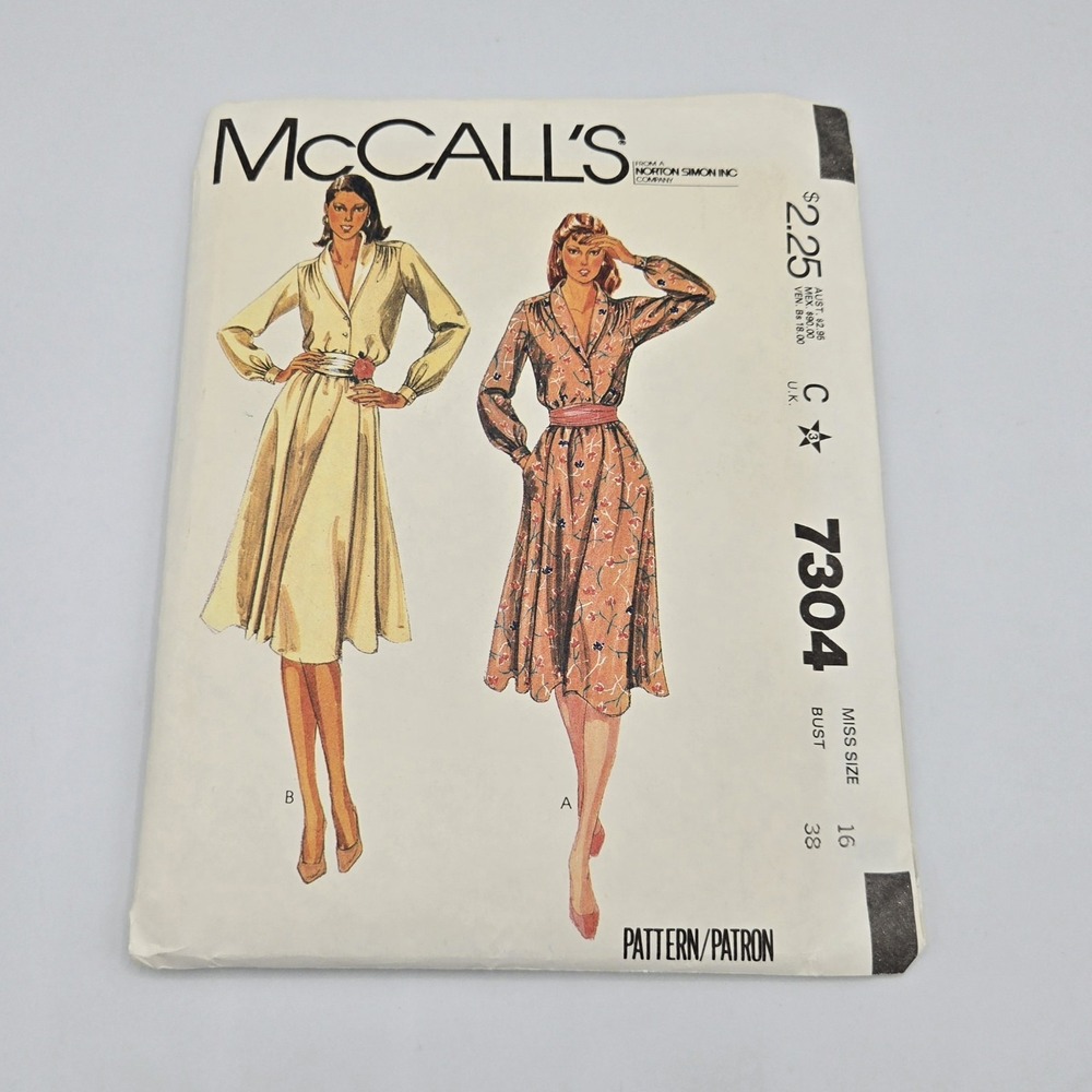 Vintage 1980 McCalls 7304 Sewing Pattern Misses Dress Cummerbund Size 16 Bust 38